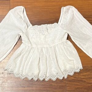 American Eagle Outfitters White Smocked Eyelet Peasant Blouse
